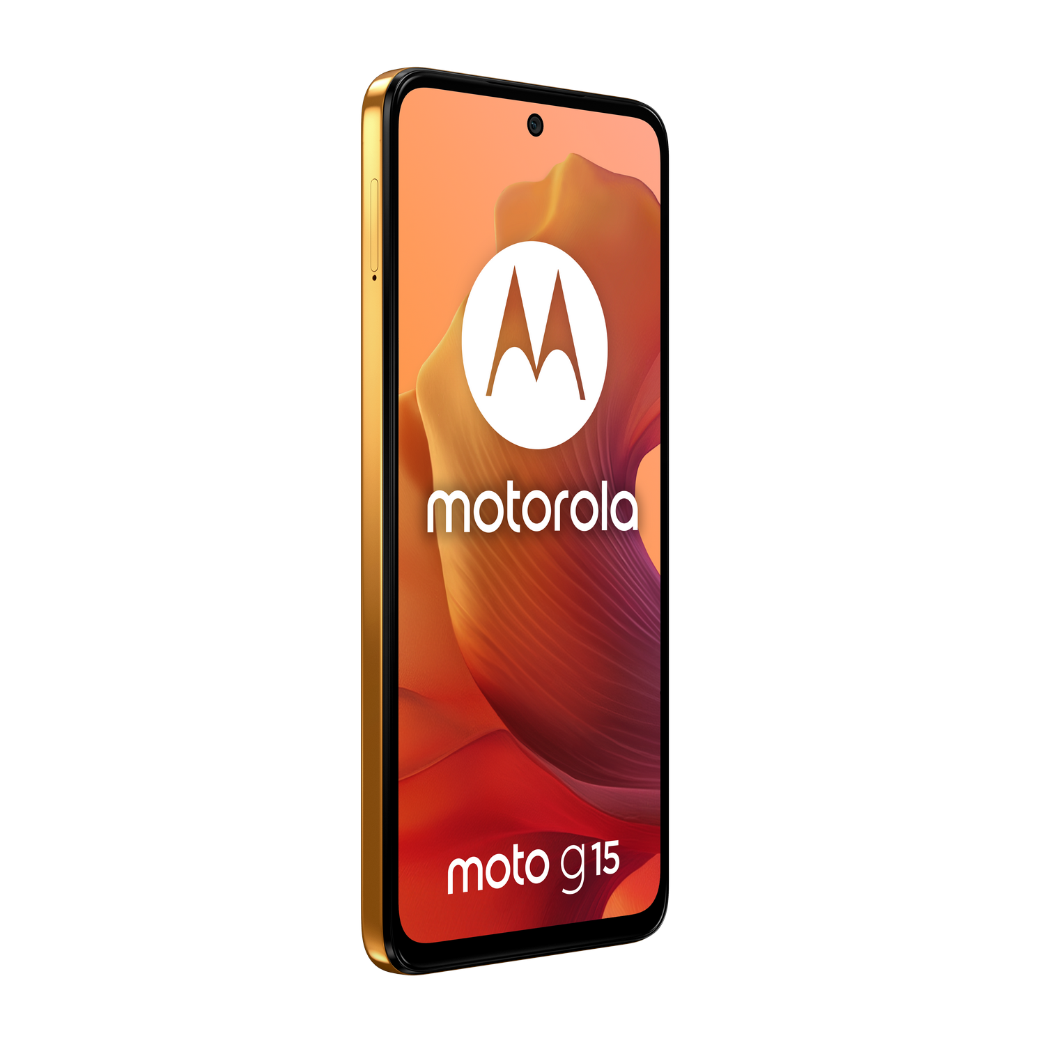 Un teléfono Motorola dorado se alza erguido, mostrando el logotipo y texto de Motorola.