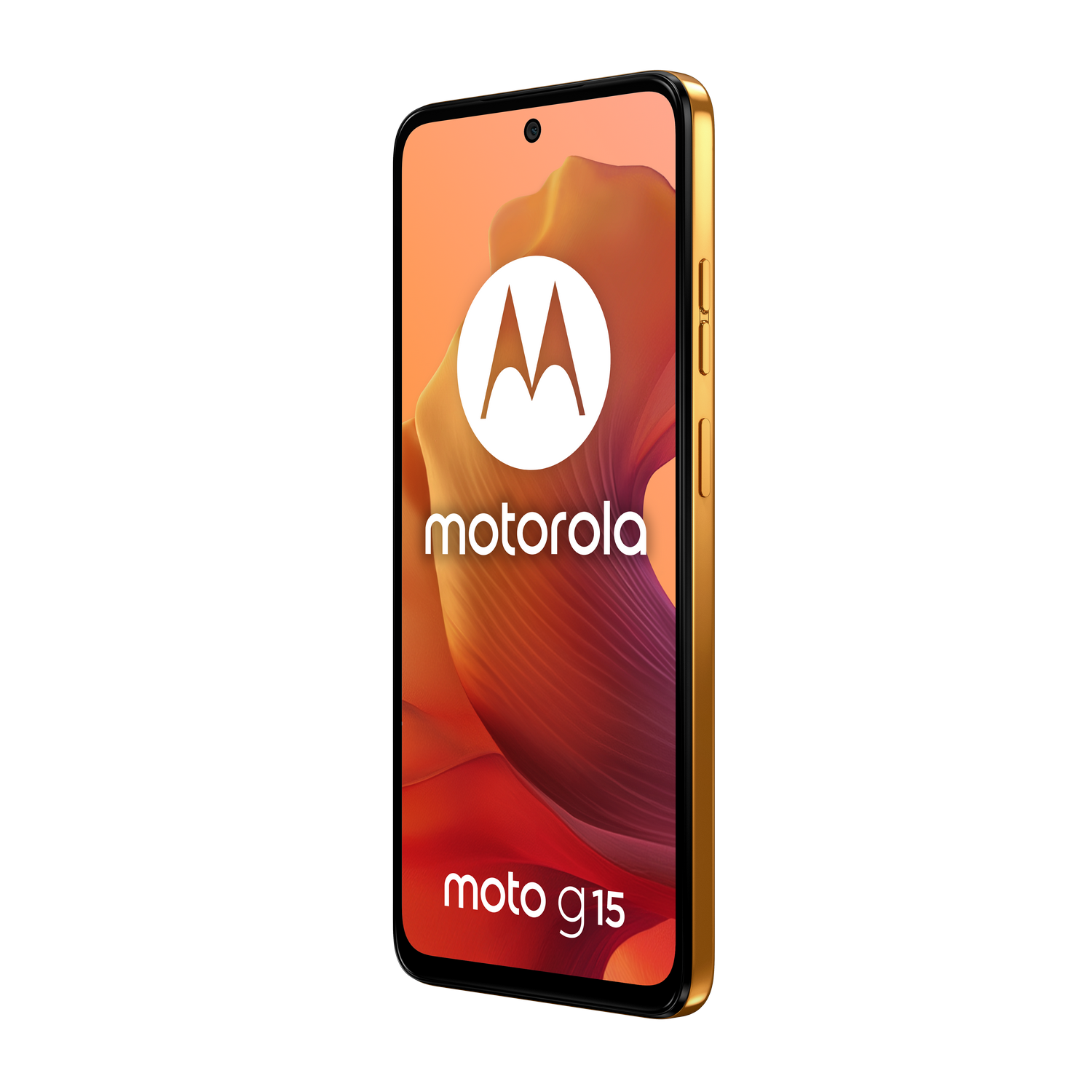 Teléfono dorado con pantalla encendida, logo Motorola, sobre fondo negro.