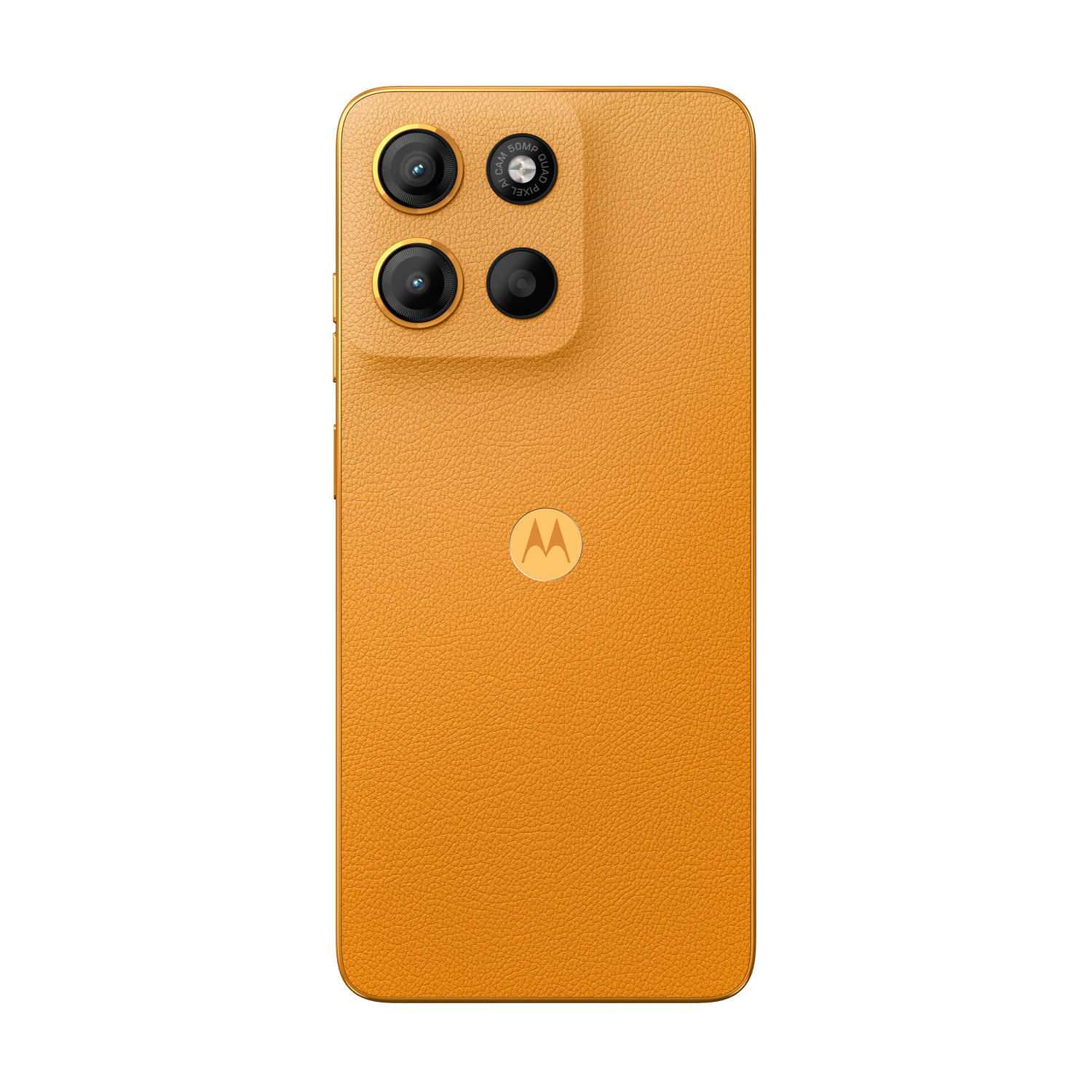 Vista trasera de un teléfono Motorola color mostaza con tres cámaras.