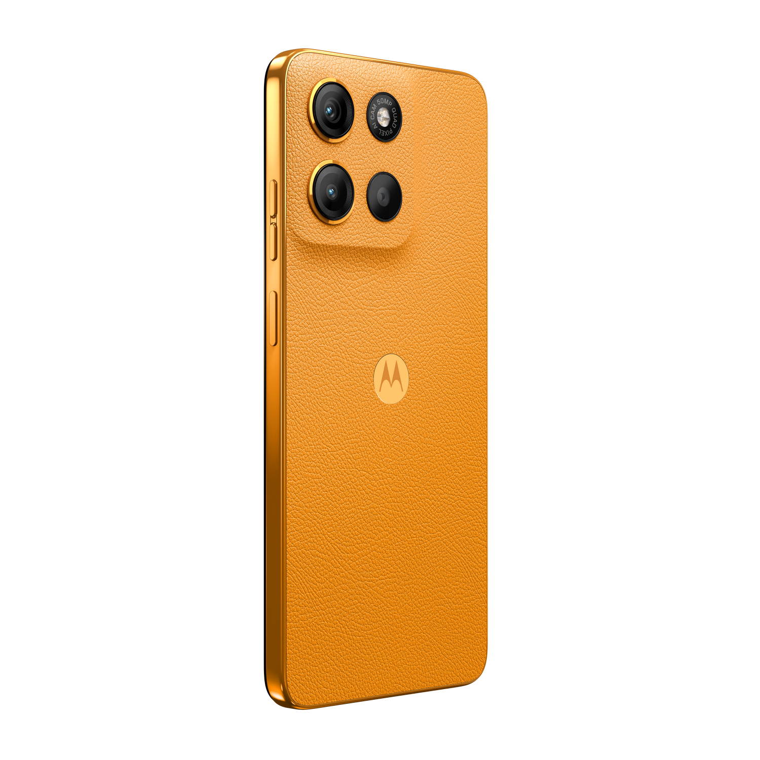 Primer plano de un teléfono Motorola naranja con tres cámaras y un logotipo.