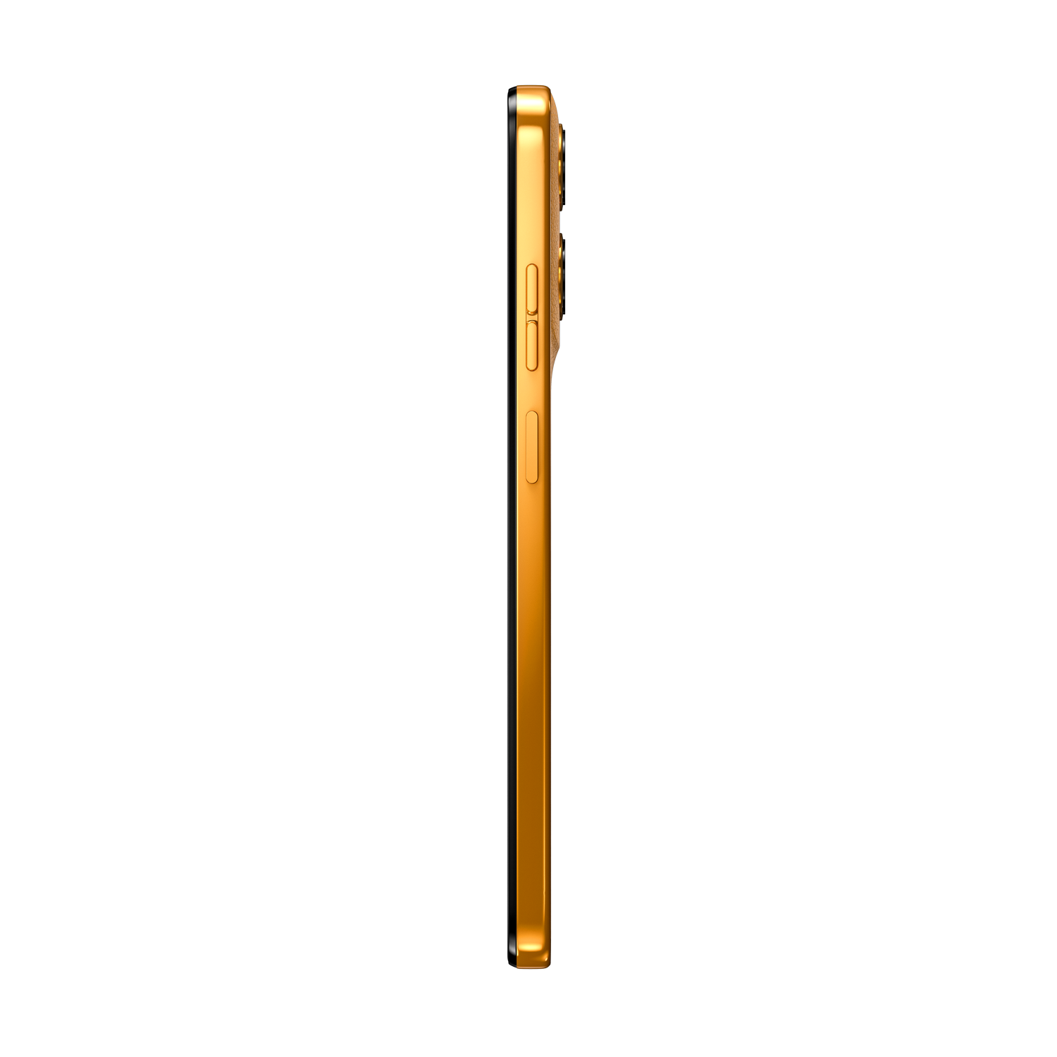 Vista lateral de un smartphone dorado sobre fondo negro. El teléfono es delgado con botones laterales.