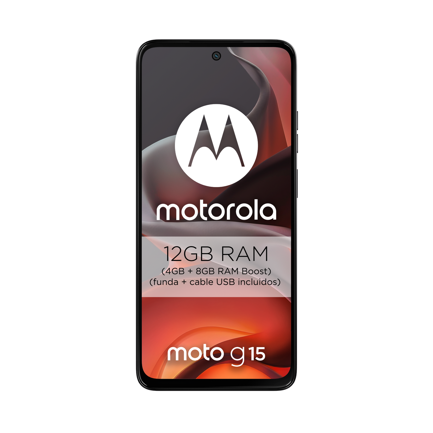 Un teléfono inteligente negro con el logotipo de Motorola y texto, sobre un fondo negro.
