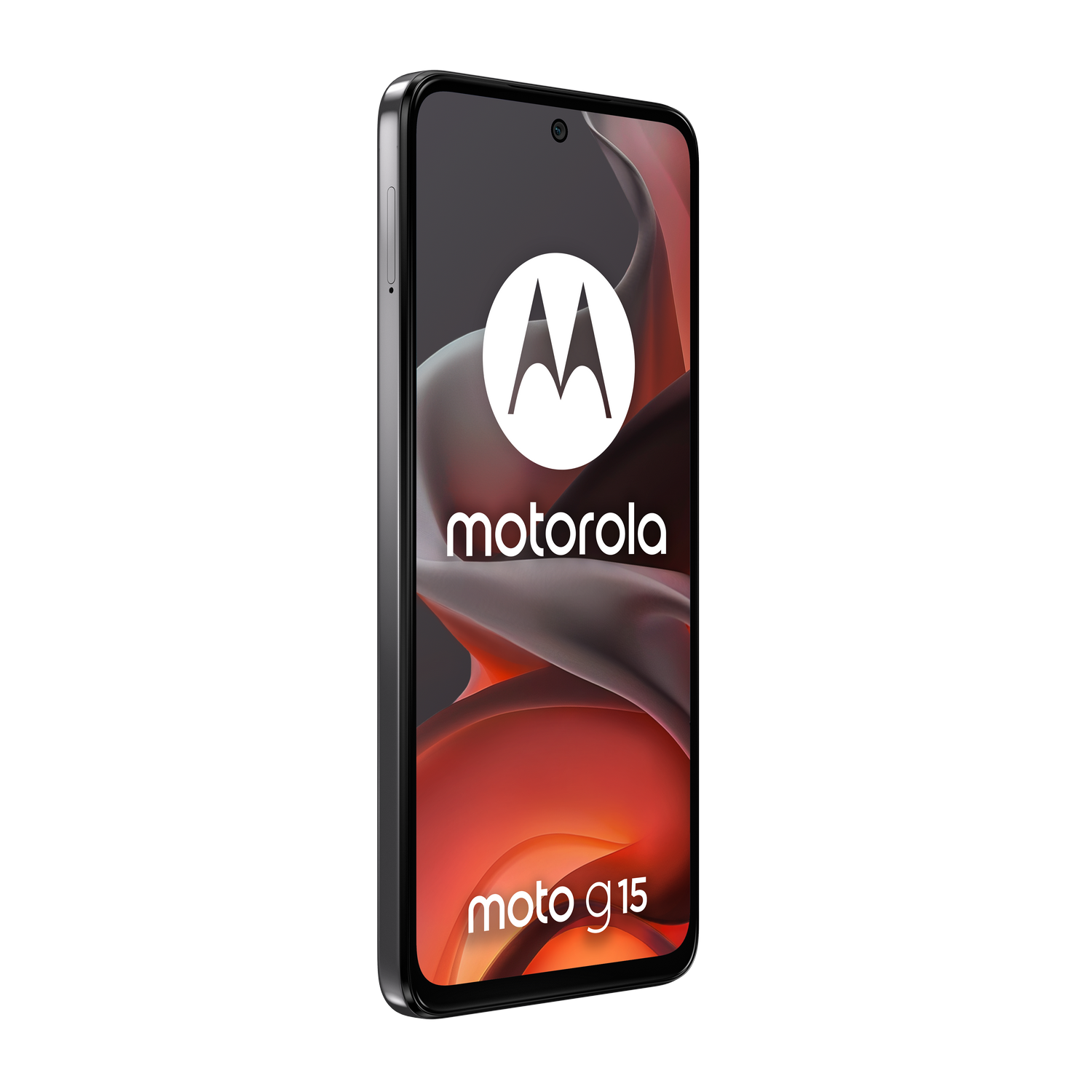 Smartphone Motorola Moto G15, marco negro, centrado en fondo negro. Logo Motorola en la pantalla.