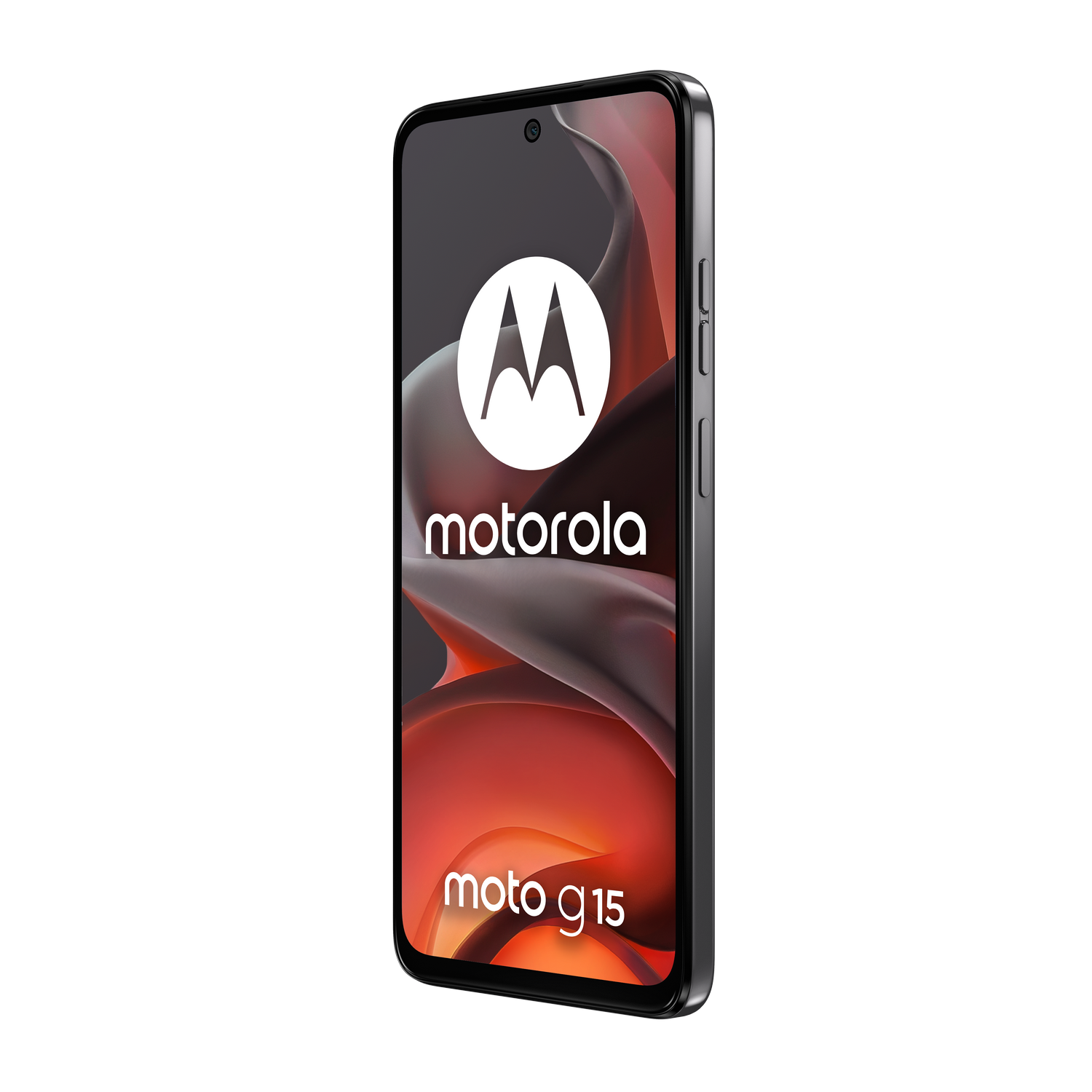 Teléfono Motorola Moto G15 sobre fondo negro, logo visible.