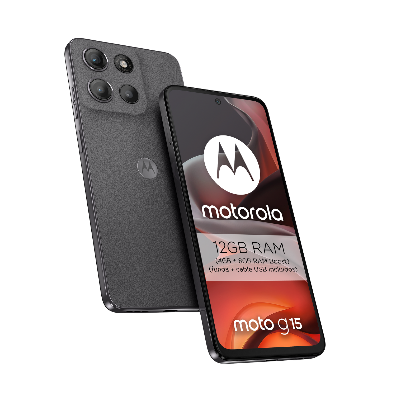 Teléfono Motorola negro y gris con múltiples cámaras y texto.