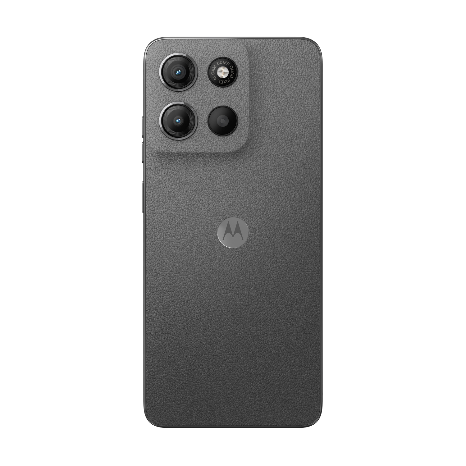 Parte trasera de un smartphone gris, con tres cámaras y un logotipo redondo.