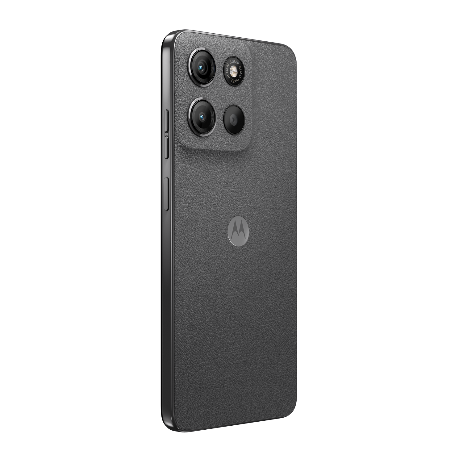 Smartphone gris con textura similar al cuero, múltiples cámaras traseras y un logotipo.