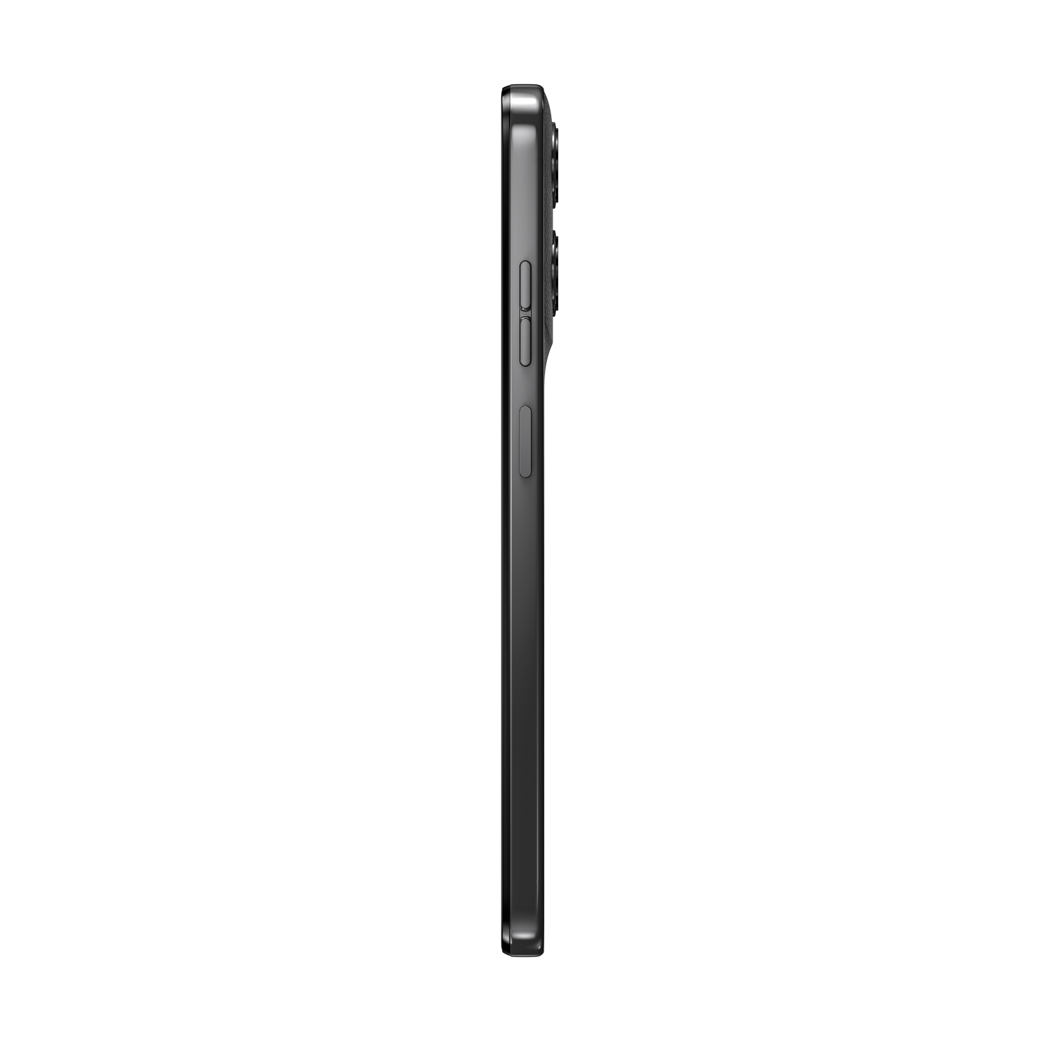 Un perfil lateral de un teléfono inteligente negro con botones en el lateral, aislado sobre negro.