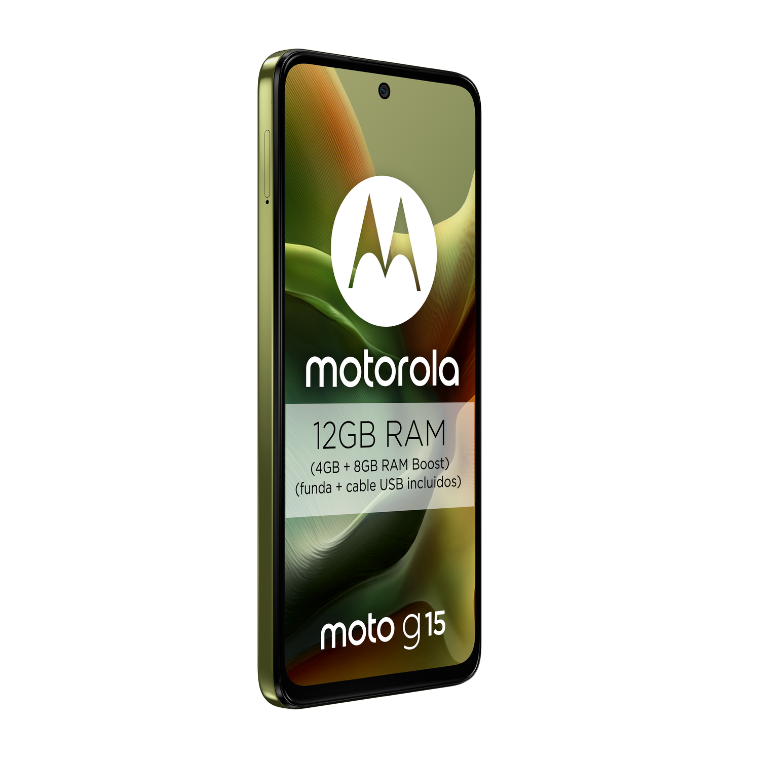 Un smartphone con marco verde muestra el logotipo de Motorola y el texto 12GB RAM.