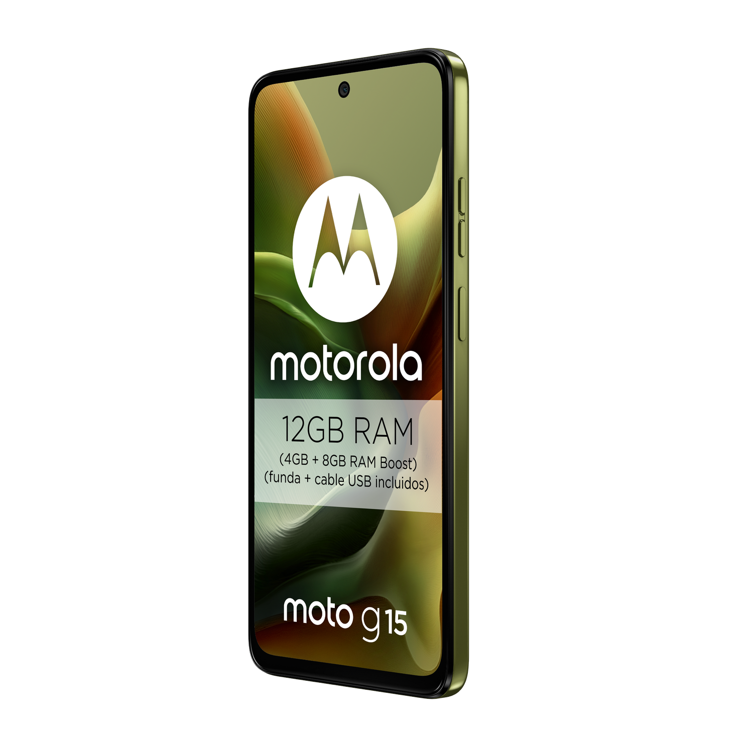 Smartphone Moto G15 verde, fondo negro.