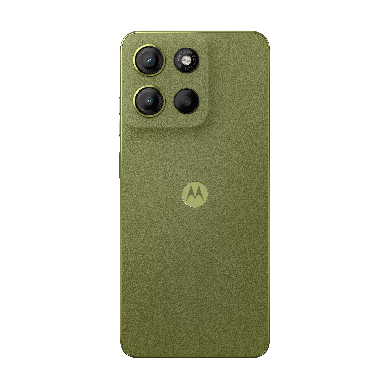 Parte trasera del teléfono Motorola verde oliva. Cuatro cámaras, logotipo Motorola. Fondo negro.