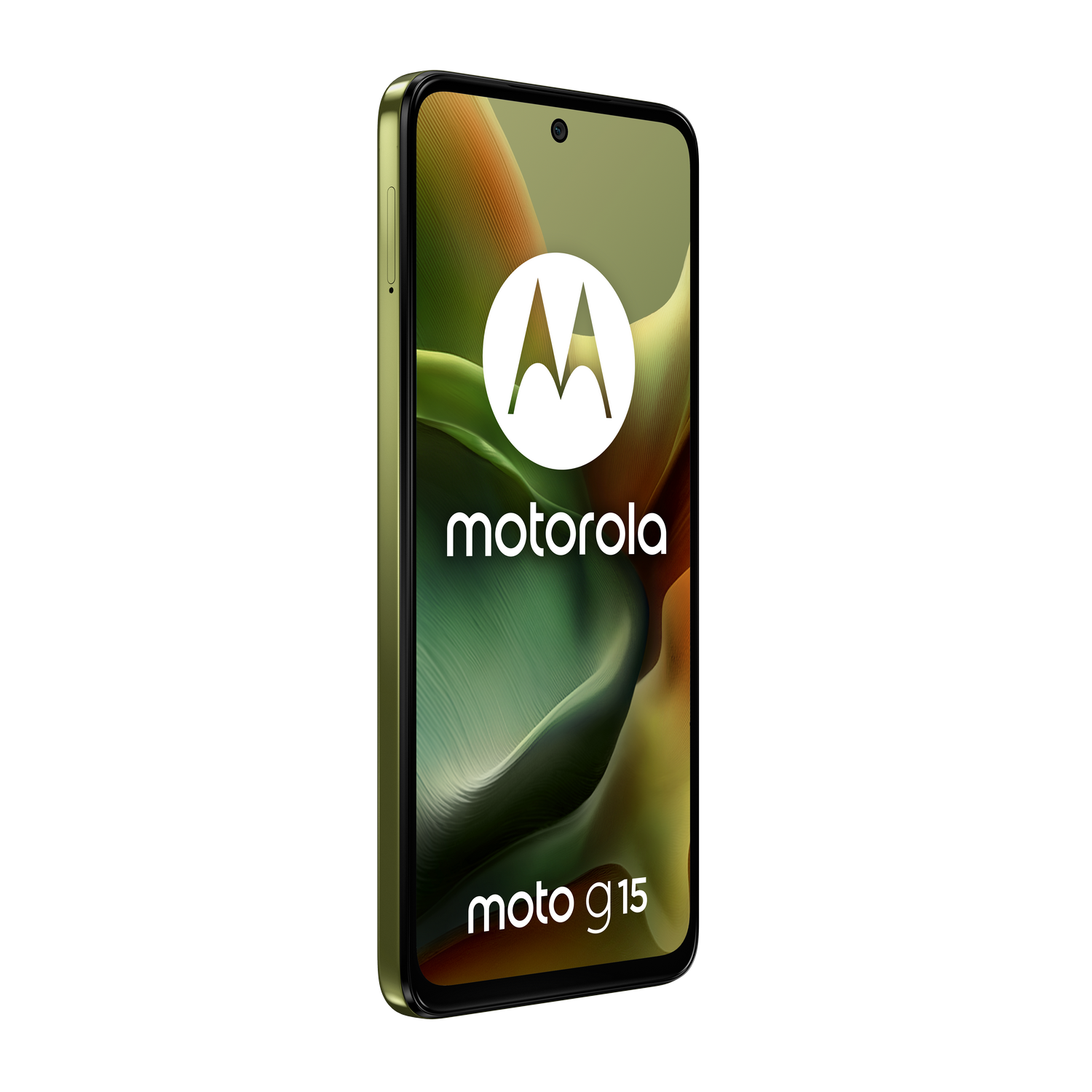 Un teléfono Motorola verde con el logotipo y las palabras moto g15 en la pantalla.