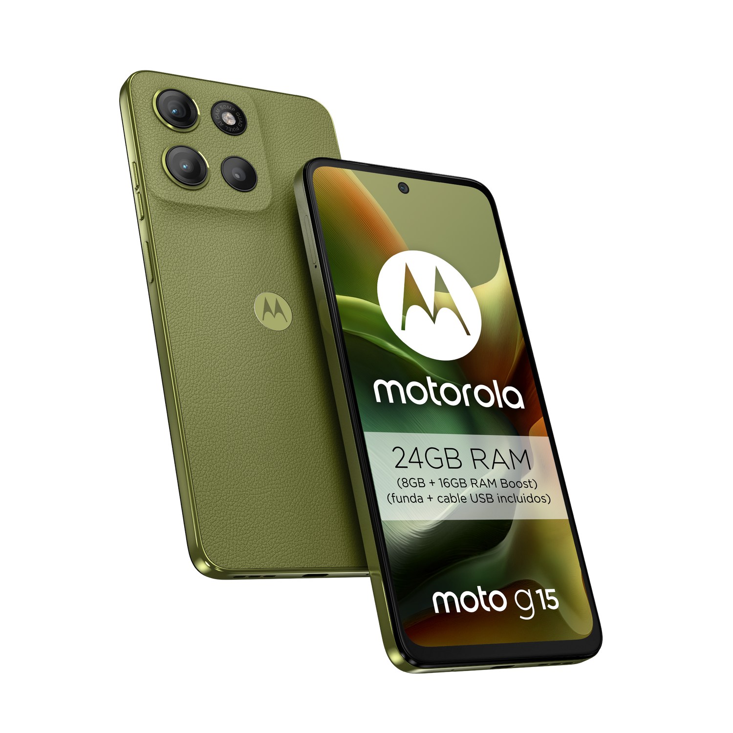 Smartphone verde con lentes de cámara y una pantalla que muestra el moto g15.