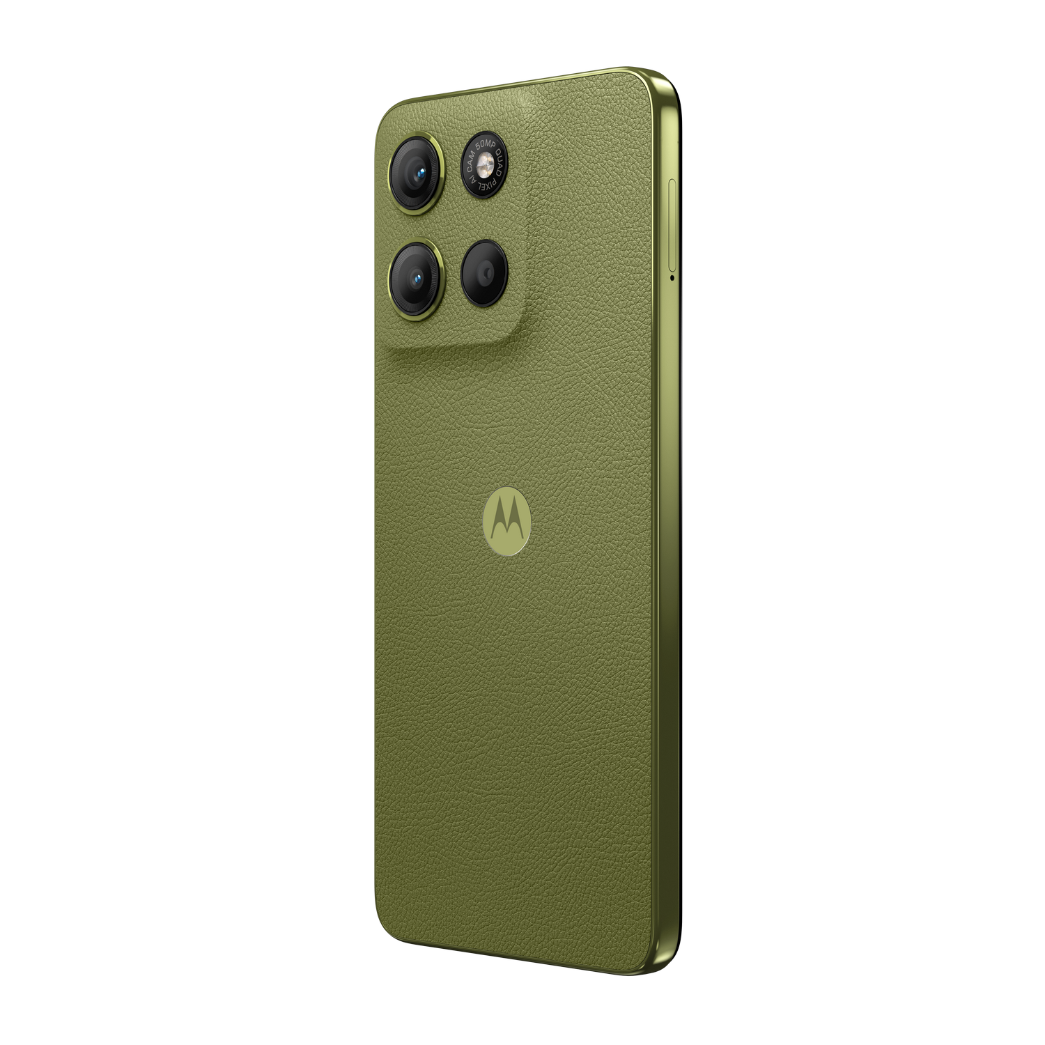 Smartphone verde oliva con textura similar al cuero, múltiples cámaras traseras y un logotipo.