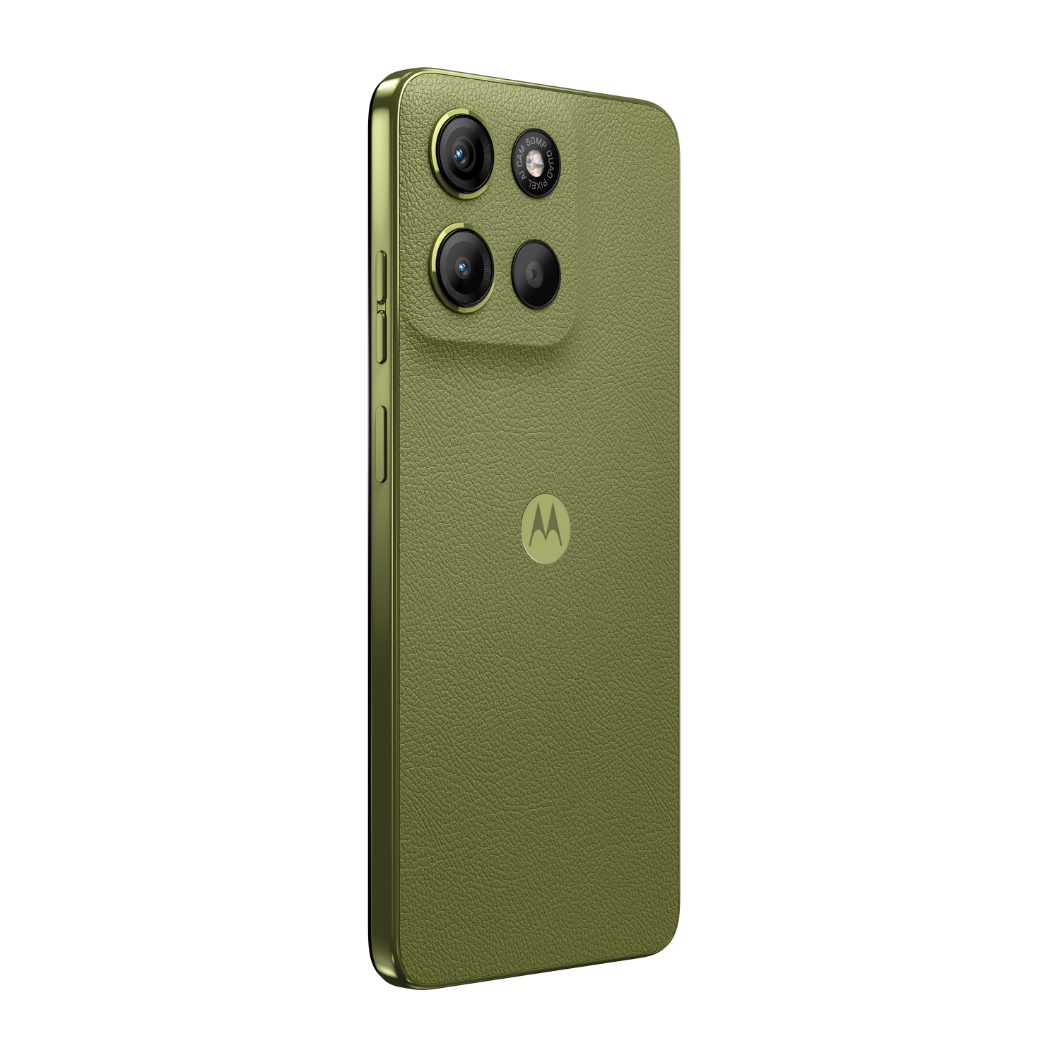 Un smartphone verde con tres cámaras, logotipo de Motorola y una parte trasera texturizada, fondo negro.