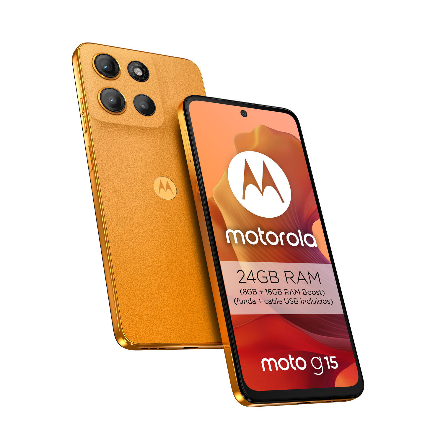 Dos teléfonos Motorola dorados sobre negro. Uno con pantalla y datos.