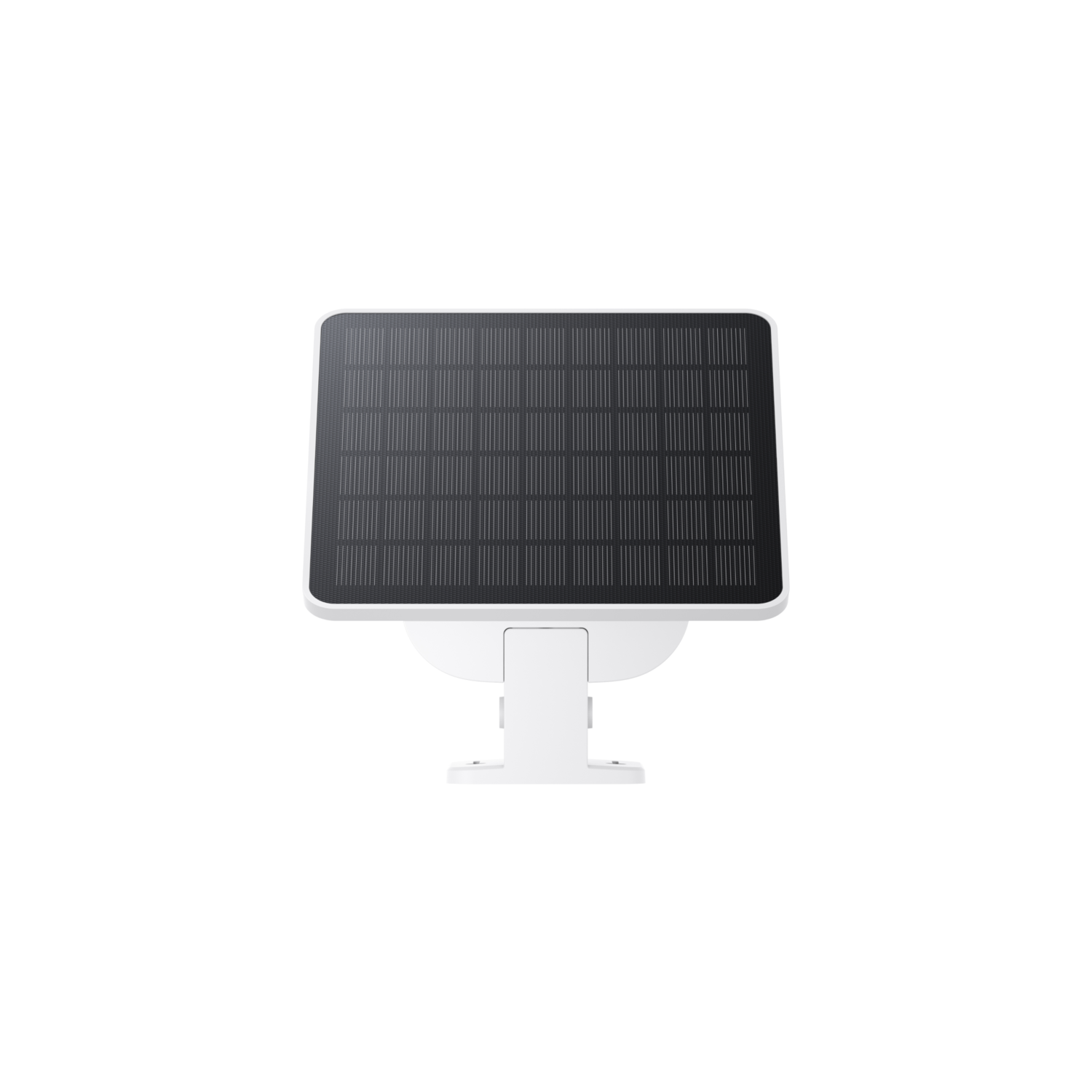 White solar panel on a white stand. It has a rectangular black panel with a grid pattern on top.