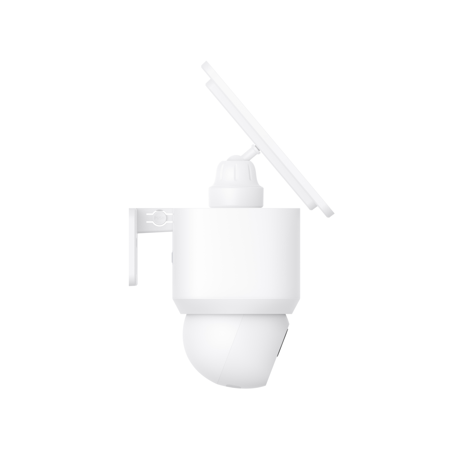 White security camera with solar panel, side view.