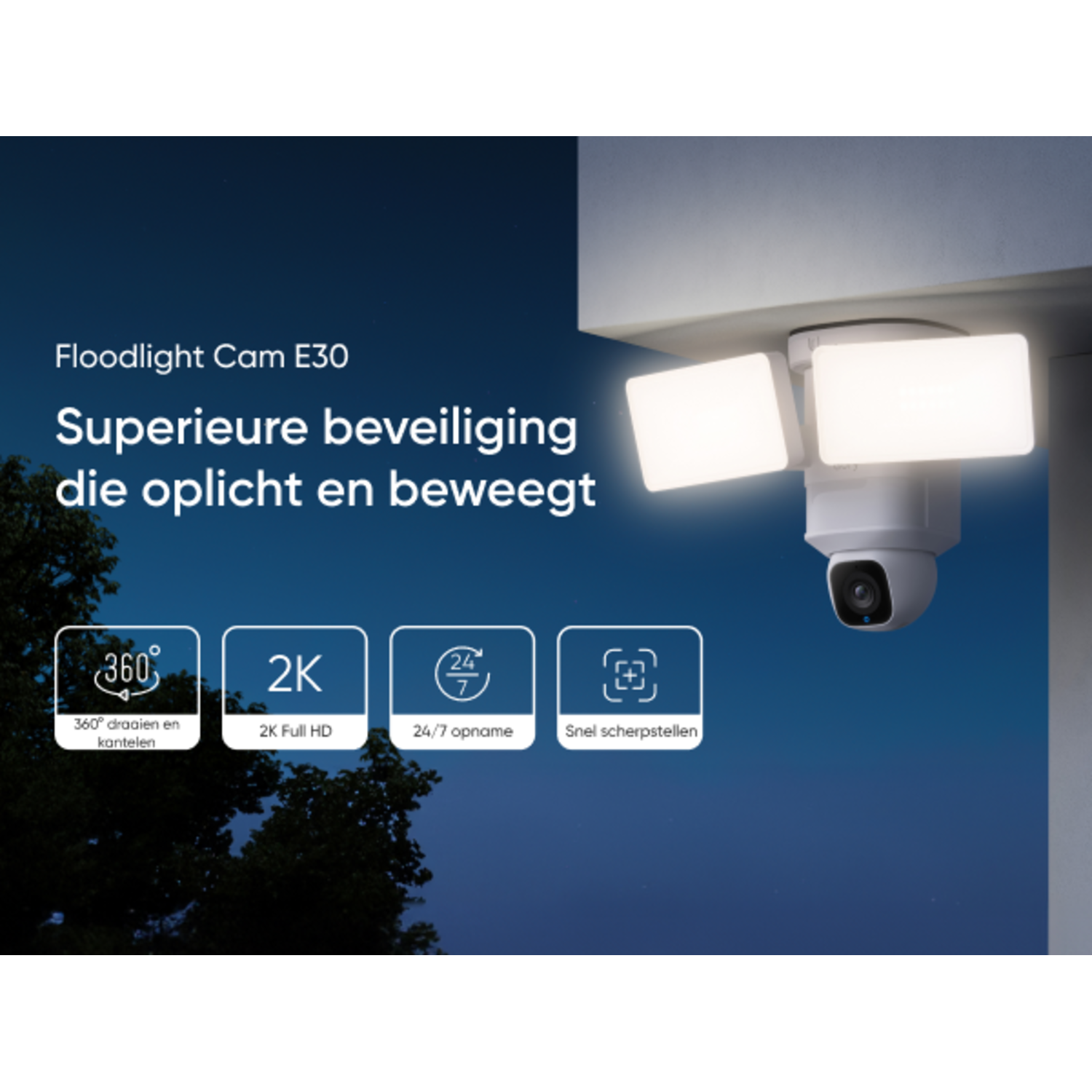 Een beveiligingscamera op een gebouw met tekst die functies aangeeft zoals 2K en 24/7 opname.