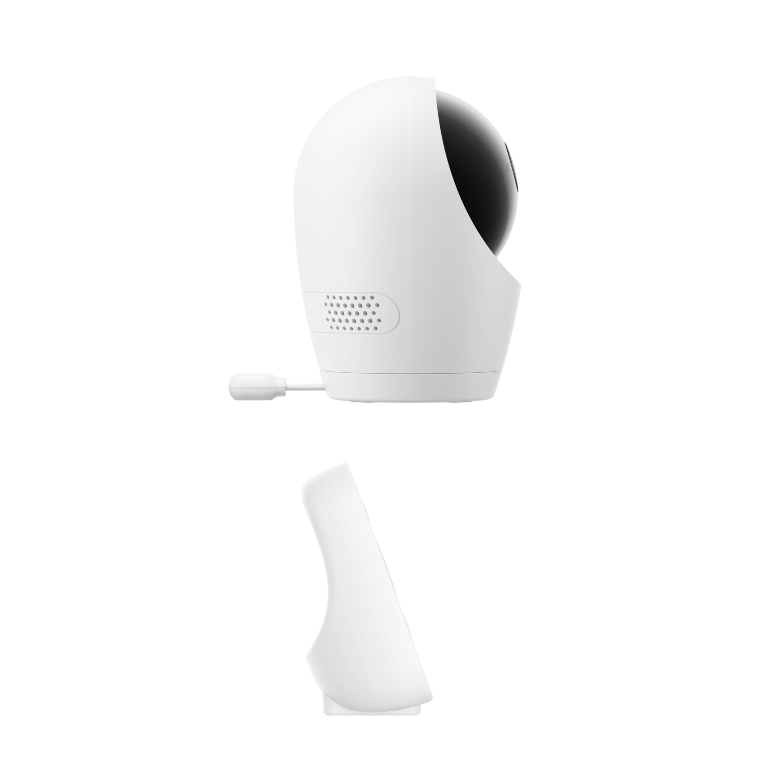 Moniteur pour bébé blanc avec tête rotative et base blanche détachée.