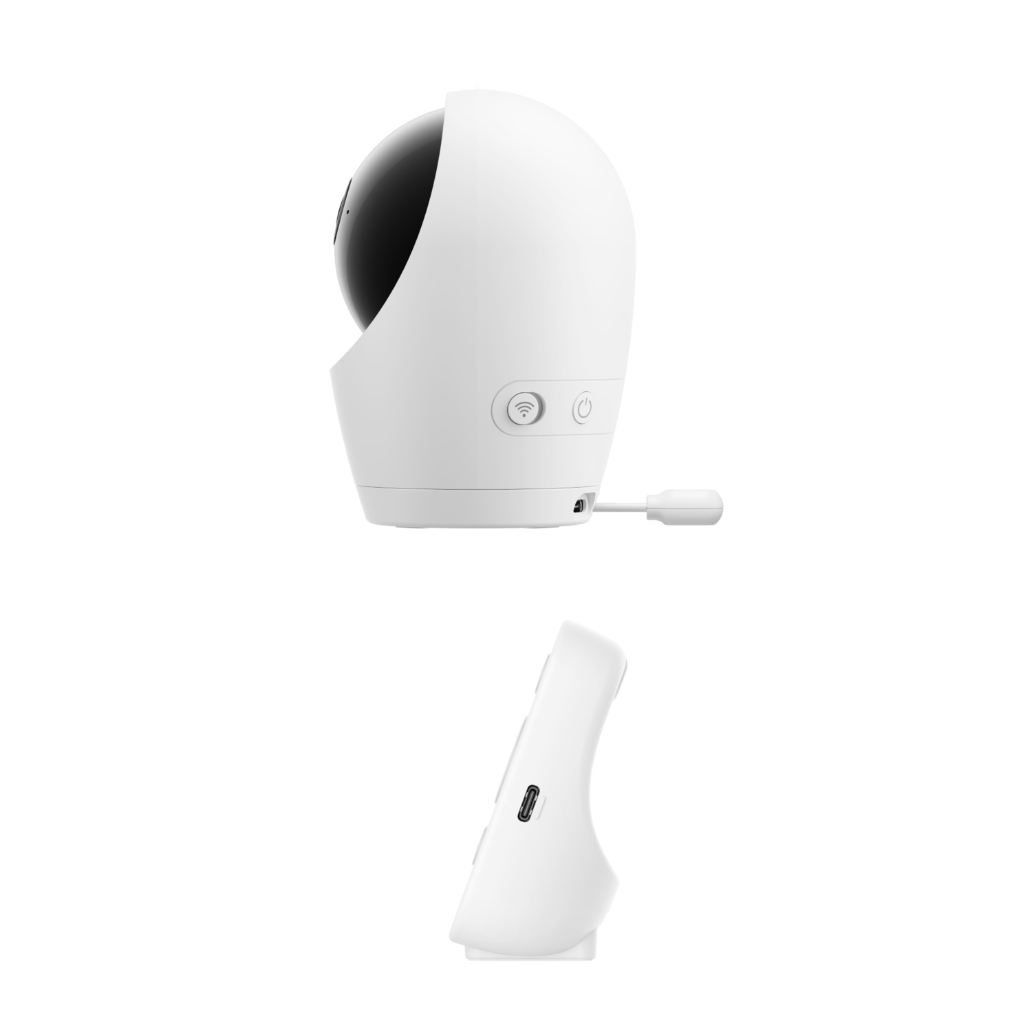 Vue latérale d'une caméra de sécurité blanche. La base est séparée. Elle a des boutons d'alimentation et wifi.
