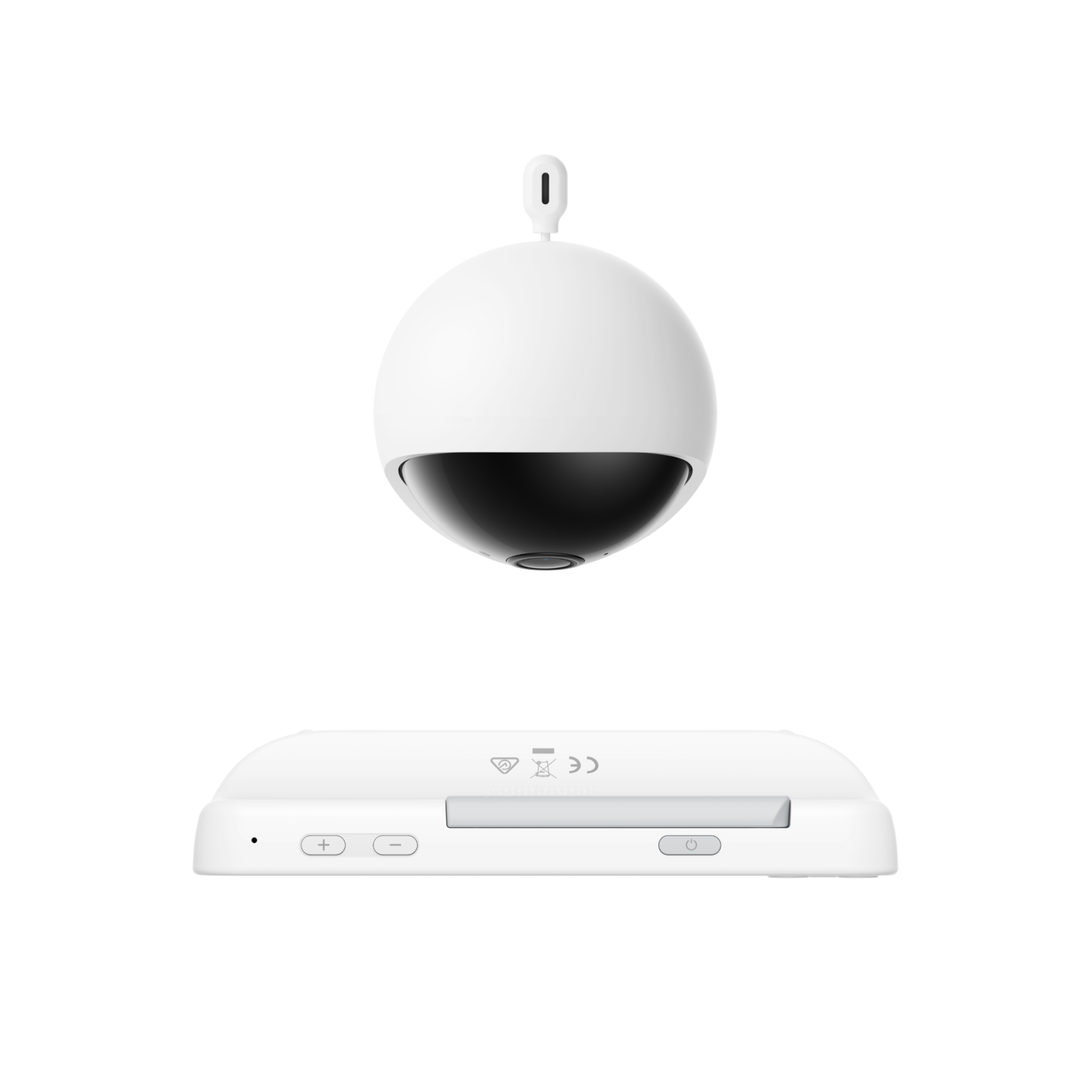 Un babyphone blanc avec une caméra et une base, sur fond noir.