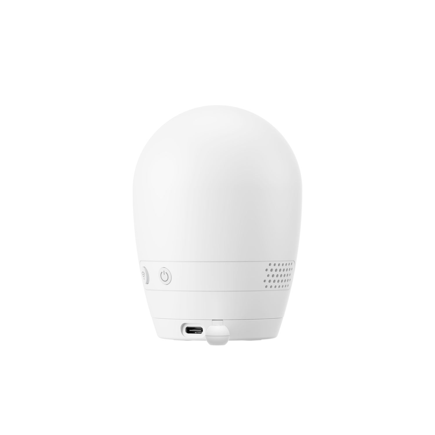 Wit, afgerond apparaat. Heeft een aan/uit-knop, USB-poort en luidsprekergaten. Zwarte achtergrond.