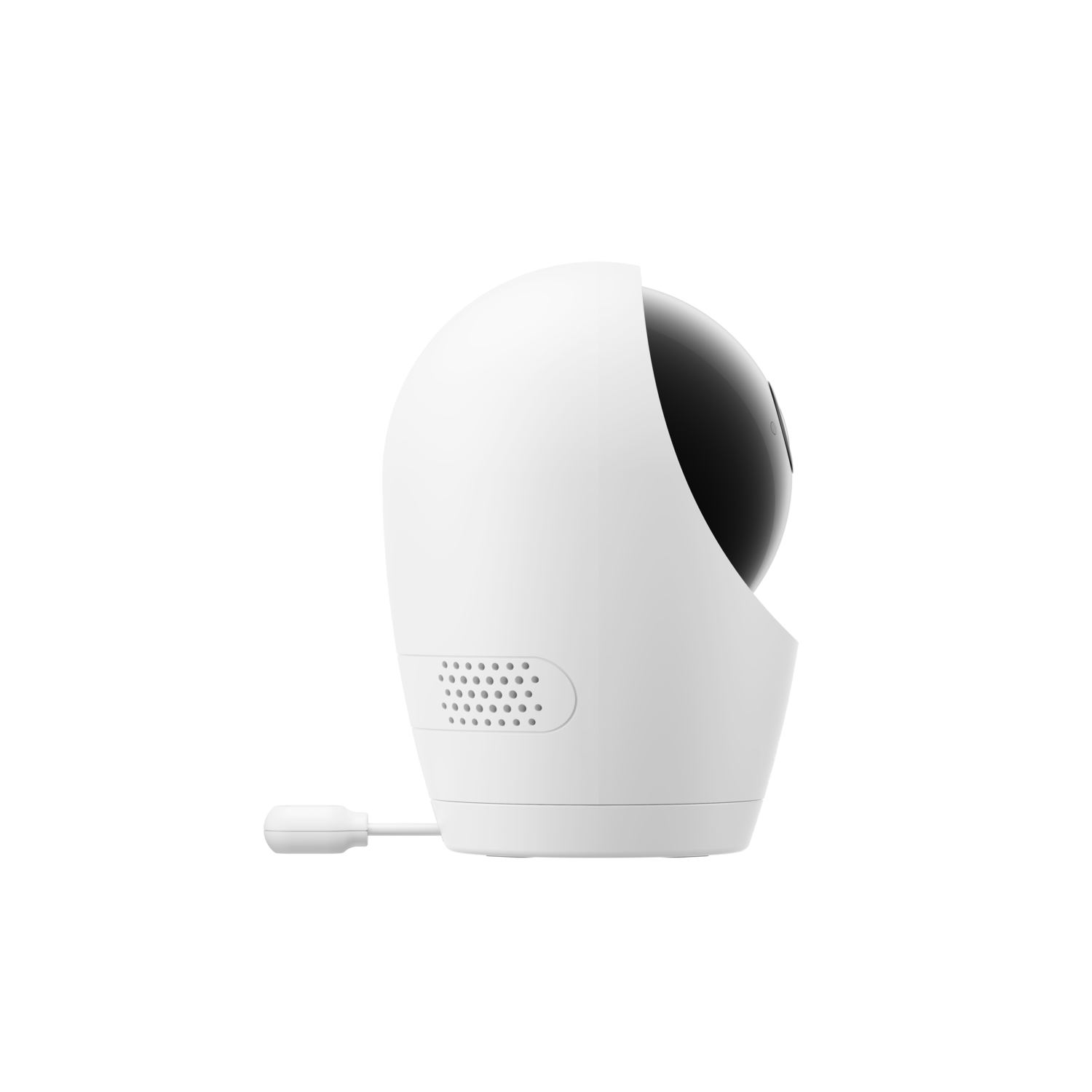 Zijaanzicht van een witte beveiligingscamera. Het heeft een lens, een luidspreker en een netsnoer.