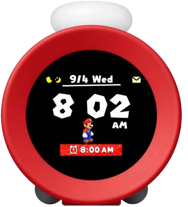 Un despertador rojo con tema de Mario que muestra la hora. Muestra las 8:02 AM con Mario en el centro.