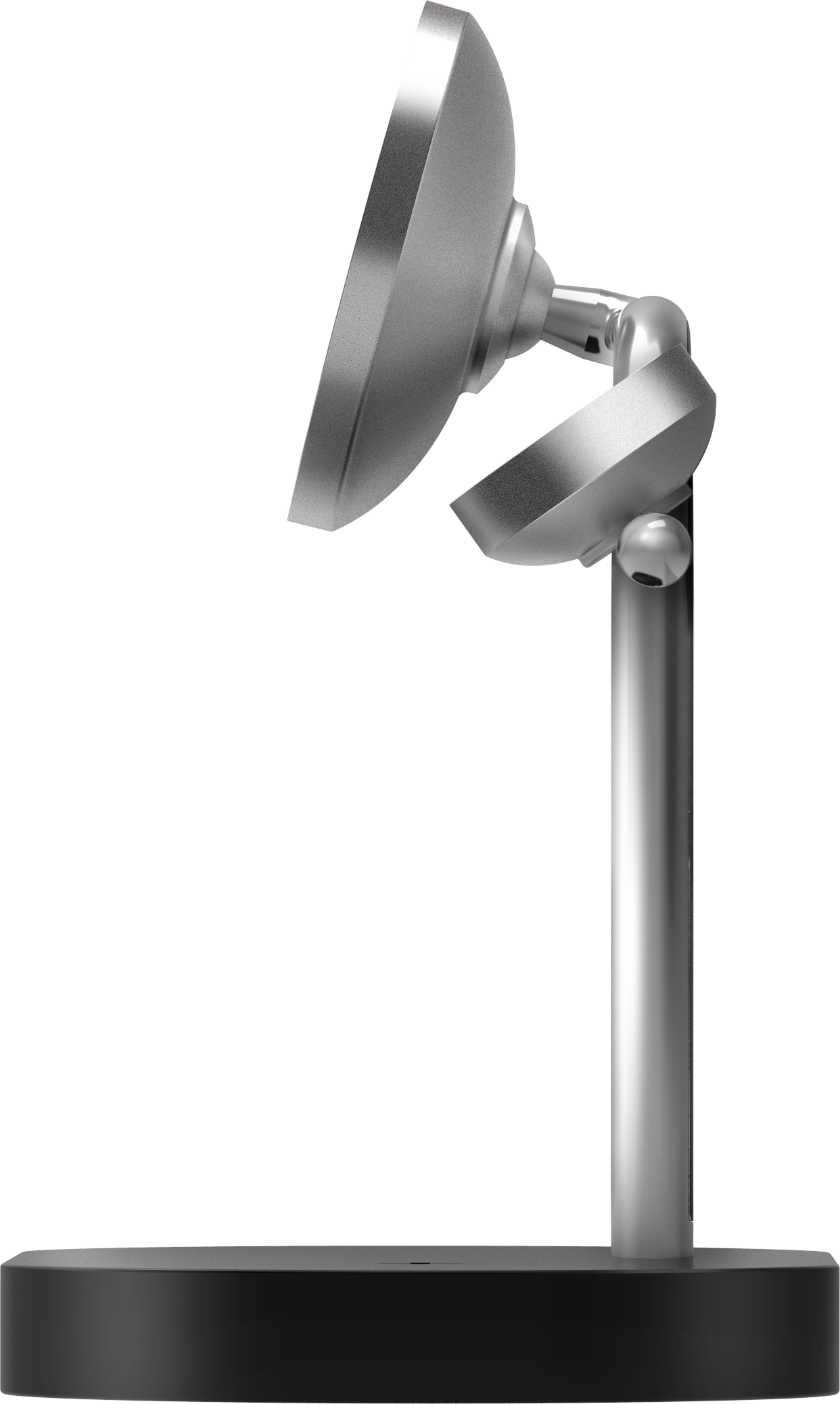 Una lampada da scrivania argentata con testa rotonda e base nera.