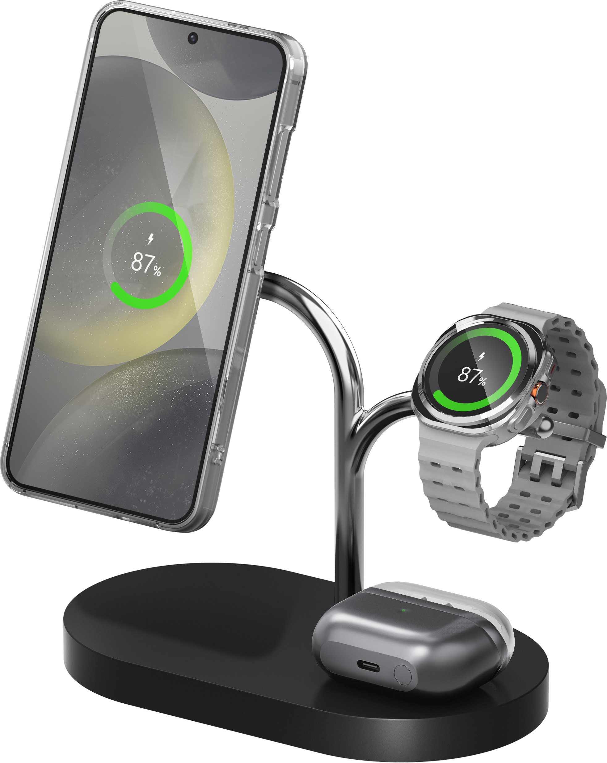Supporto di ricarica con telefono, orologio e auricolari. Tutti con indicatori.