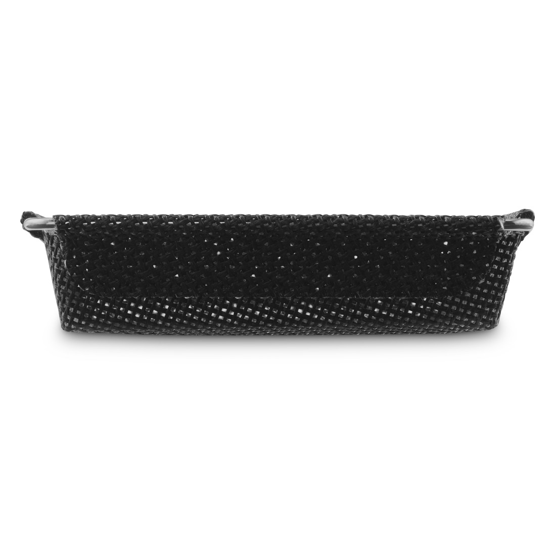 Schwarze Clutch mit glänzender Oberfläche.