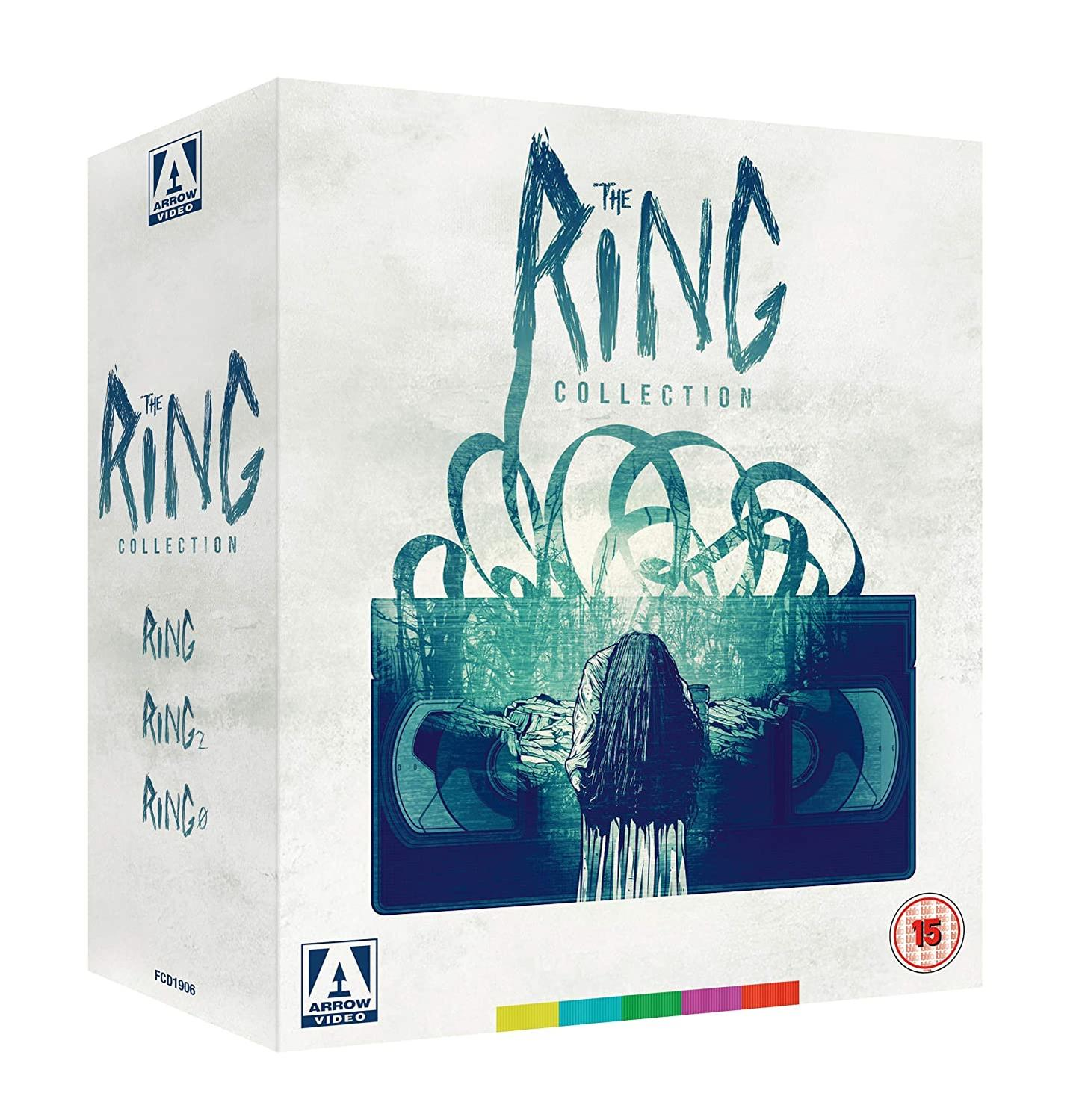A boxed set of 'The Ring Collection' DVDs, featuring cover art of a pale woman and a VHS tape.