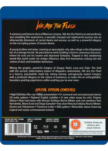 Blu-ray disc case voor de film 'We Are the Flesh', met tekst en afbeeldingen.