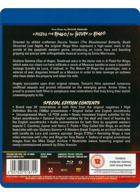 Une jaquette de disque Blu-ray avec du texte et des images pour "A Pistol for Ringo".