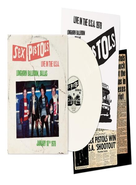 Une collection de souvenirs des Sex Pistols, comprenant un disque, des flyers et une coupure de journal.