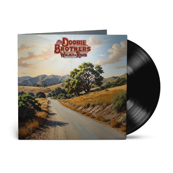 Pochette de l'album des Doobie Brothers. Route à travers les montagnes sous un ciel ensoleillé. Disque vinyle à droite.