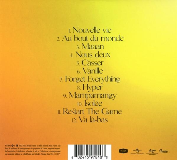 Rückseite einer CD mit Titelliste und Produktinformationen. Gelber Hintergrund.