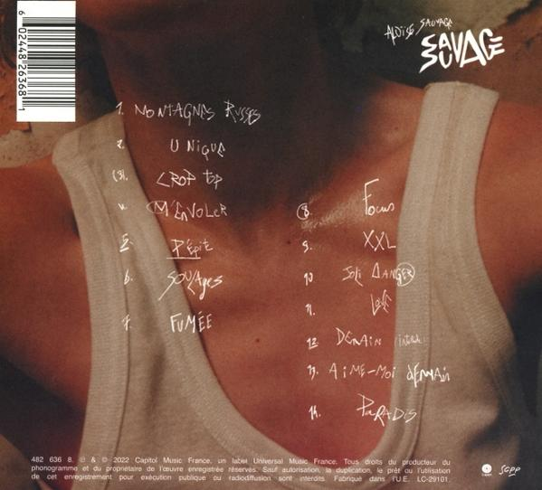 Rückseite einer CD mit handgeschriebener Titelliste. Künstler: Aloïse Sauvage. Weißes Oberteil, schwarzer Text.
