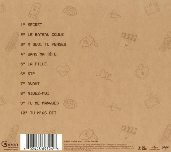 Rückseite einer CD-Hülle mit französischen Titeln und einer kleinen Grafik.