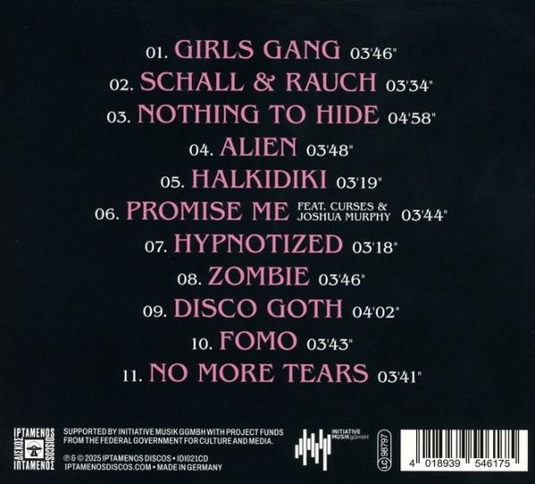 Rückseite einer Musik-CD mit einer pinkfarbenen Titelliste, mit 11 Songtiteln.
