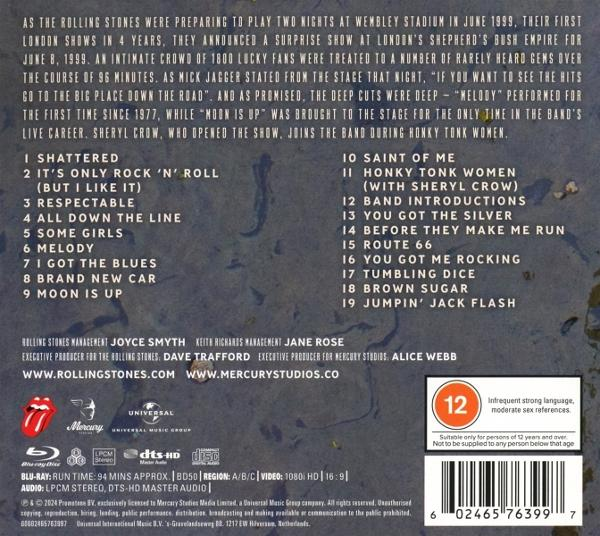 Rolling Stones Albumcover mit Text und einem Bandfoto.