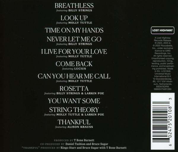 CD-Cover mit Titelliste und Credits auf schwarzem Hintergrund. Das Album trägt den Titel 'Breathless'.