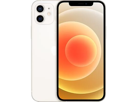 Beyaz iPhone 12, kamera lensleri ile. Ekran, renkli bir görüntü gösteriyor. Siyah arka plan.
