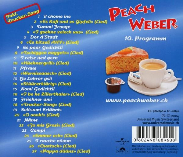 CD-Cover: Albumcover von Peach Weber mit Titelliste, Kuchen, Kaffee und Logo.