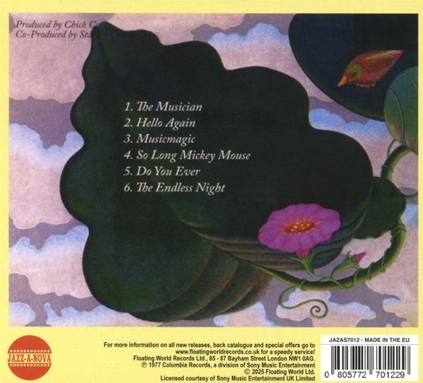 Rückseite einer CD-Hülle mit Titelliste und Credits. Grünes Blattdesign mit rosa Blume.