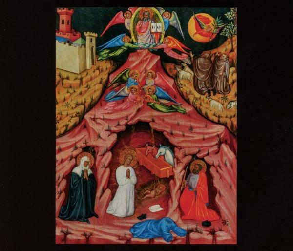 Religiöses Gemälde einer Szene mit Engeln, Figuren und einer roten Höhle.