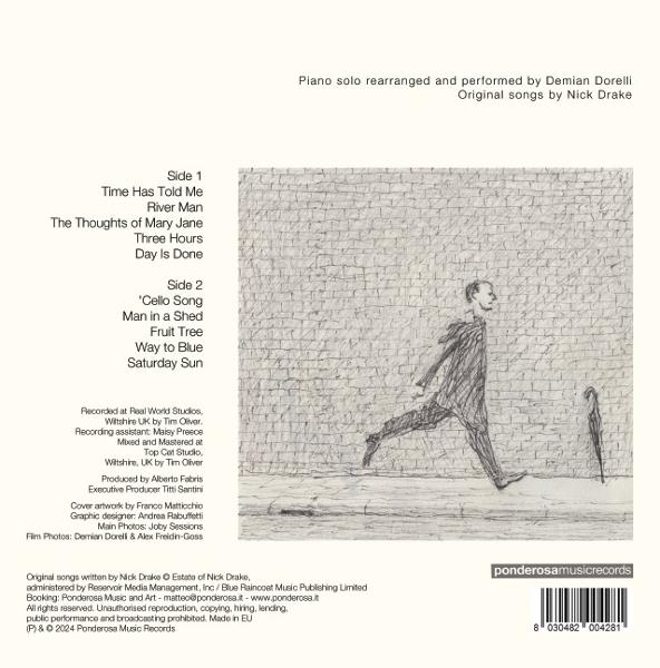 Albumcover zeigt Text und eine Zeichnung eines Mannes, der mit einem Regenschirm geht.