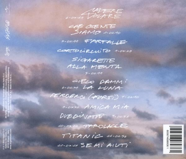 Rückseite einer CD-Hülle, Titelliste vor Himmelshintergrund. Text ist auf Italienisch.