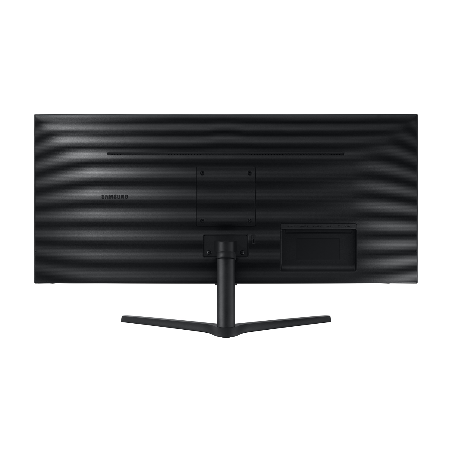 Il pannello posteriore di un monitor Samsung nero con porte e un supporto è visualizzato.